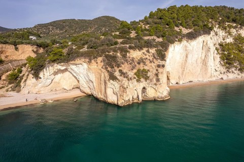 Beach of Baia Di Mattinatella and Cala di Enea near Mattinatella seen from above, Mattinata,
