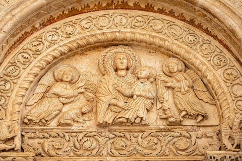 Relief above the portal of the church of Santa Maria Maggiore in Monte Sant'Angelo, Gargano,