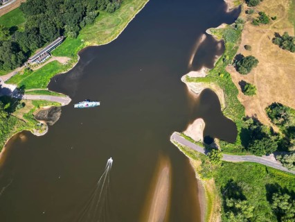 DefaultAerial view, Elbe, yaw ferry, shipping, reed bed, ferry connection, ferry, foggy mood,
