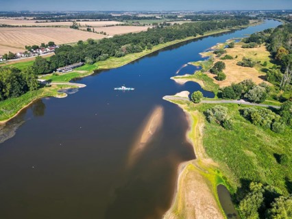 Aerial view, Elbe, yaw ferry, shipping, reed bed, ferry connection, ferry, foggy mood, sunrise,