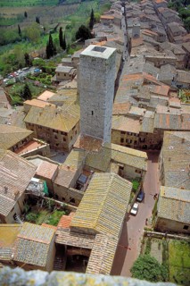 Roofscape and a gender tower of San Gimignano, Toakana, Italy