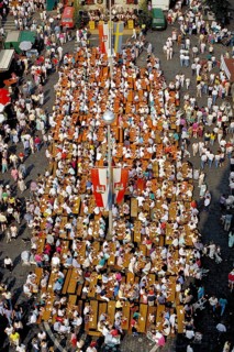 View from the tower of St John's Church of the annual well-attended town festival, crowded visitors