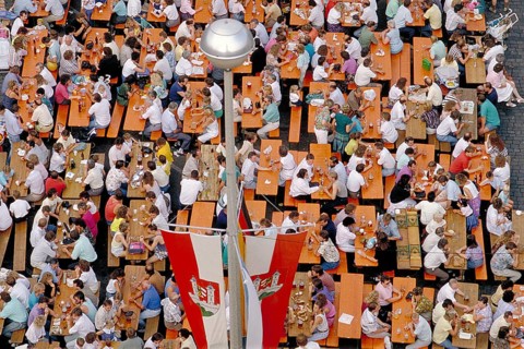 View from the tower of St John's Church of the annual well-attended town festival, crowded visitors