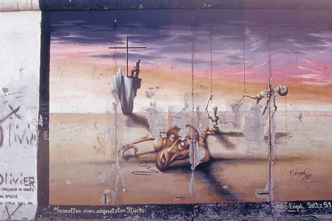 Painting, marionettes of a set piece by M. Engel, created in the 1990s at the Berlin Wall, Berlin,