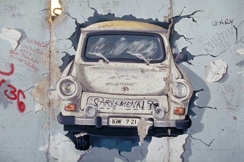 Painting of a Trabbi in the 1990s created at the Berlin Wall, Berlin, Germany