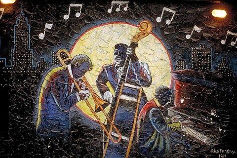 Painting of a music group at the Berlin Wall, 1991, Berlin, Germany