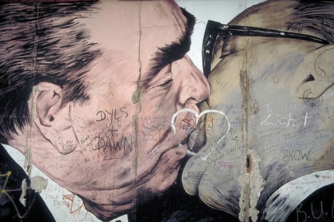 Artwork shows Leonid Brezhnev and Erich Honecker kissing, painting was created in 1990 at the