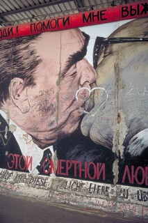 Artwork shows Leonid Brezhnev and Erich Honecker kissing, painting was created in 1990 at the
