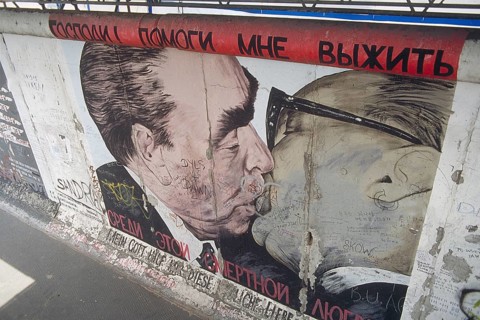 Artwork shows Leonid Brezhnev and Erich Honecker kissing, painting was created in 1990 at the