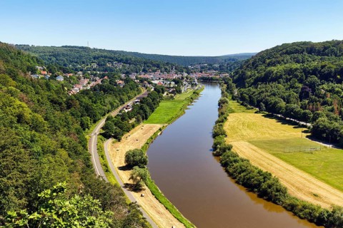 View of the Weser from the Skywalk towards Bad Karlshafen, Beverungen, Höxter, East Westphalia,