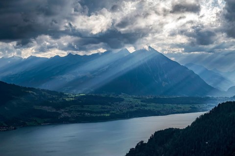 Bernese Oberland mountain peaks Niesen and Lake Thun, Reichenbach im Kandertal, Switzerland