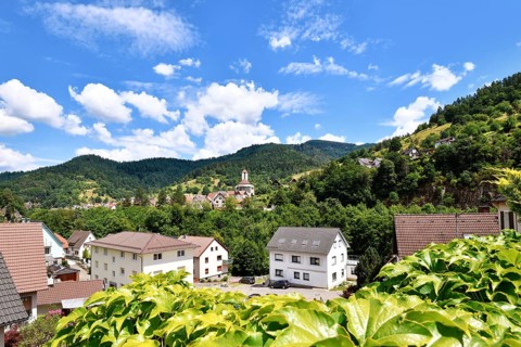 Forbach, Germany - July 12th 2025: Buildings surrounded by trees in Forbach. Scenic summer view of