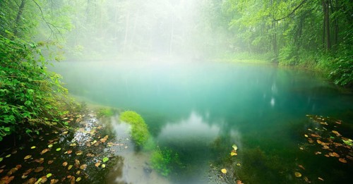 The mysterious Rhume spring with turquoise-green water in the morning mist, karst spring, fourth