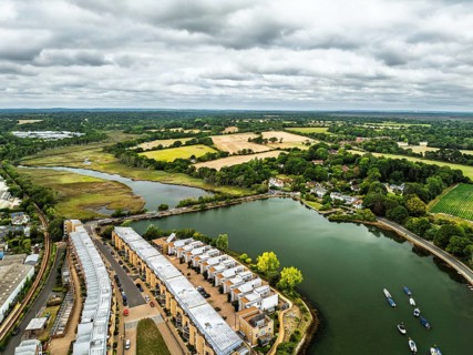 Lymington River and marina from drone, Lymington, New Forest, Hampshire, England, United Kingdom