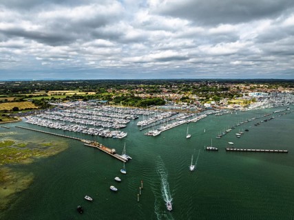 Lymington River and marina from drone, Lymington, New Forest, Hampshire, England, United Kingdom