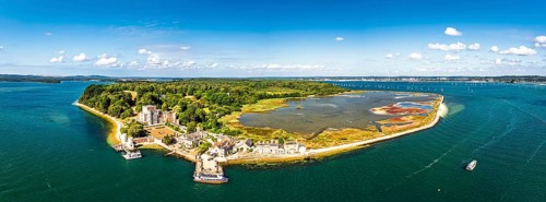 Panorama of Brownsea Castle on Brownsea Island from a drone, Poole, Dorset, England, United Kingdom