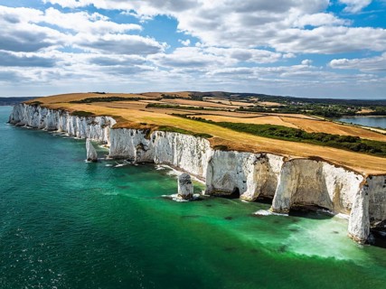 White Cliffs of Old Harry Rocks Jurassic Coast from a drone, Handfast Point, Dorset Coast, Poole,