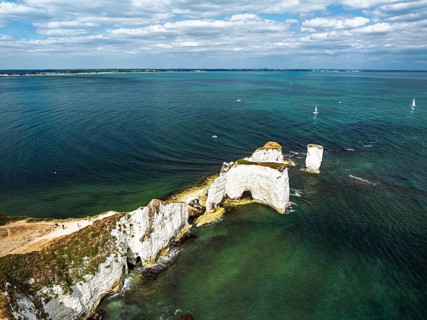 White Cliffs of Old Harry Rocks Jurassic Coast from a drone, Handfast Point, Dorset Coast, Poole,