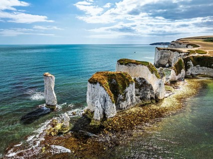 White Cliffs of Old Harry Rocks Jurassic Coast from a drone, Handfast Point, Dorset Coast, Poole,