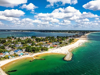 Sandbanks Beach from drone, Poole, Dorset, England, United Kingdom