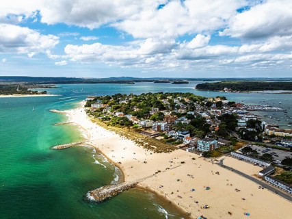 Sandbanks Beach from drone, Poole, Dorset, England, United Kingdom