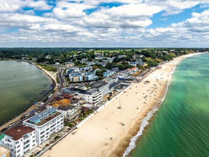Sandbanks Beach from drone, Poole, Dorset, England, United Kingdom