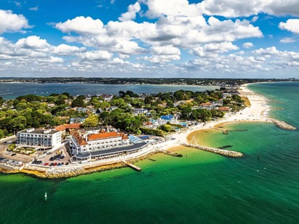 Sandbanks Beach from drone, Poole, Dorset, England, United Kingdom