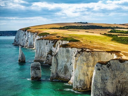 White Cliffs of Old Harry Rocks Jurassic Coast from a drone, Handfast Point, Dorset Coast, Poole,