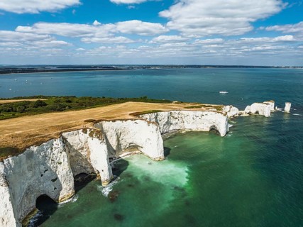 White Cliffs of Old Harry Rocks Jurassic Coast from a drone, Handfast Point, Dorset Coast, Poole,