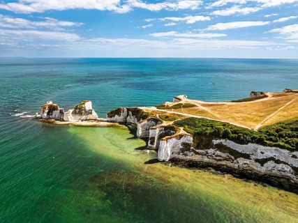 White Cliffs of Old Harry Rocks Jurassic Coast from a drone, Handfast Point, Dorset Coast, Poole,