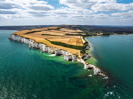 White Cliffs of Old Harry Rocks Jurassic Coast from a drone, Handfast Point, Dorset Coast, Poole,