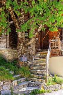 Staircase to a historic chalet, Zinal, Val d'Anniviers, Valais Alps, Canton Valais, Switzerland