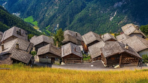 Wooden shingle roofs in the historic centre of Chandolin, Val d'Anniviers, Valais Alps, Canton