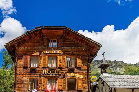 Historic Hotel Le Trift, next to the church of Saint Barthélemy, Zinal, Val d'Anniviers, Valais