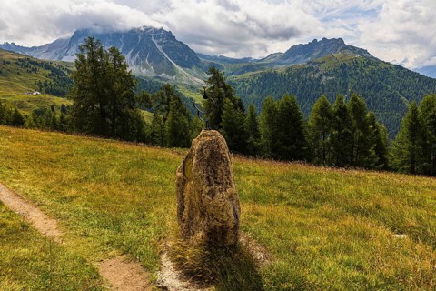 Planetary path, here the motif stone for the planet Mercury, above Saint Luc, Val d'Anniviers,
