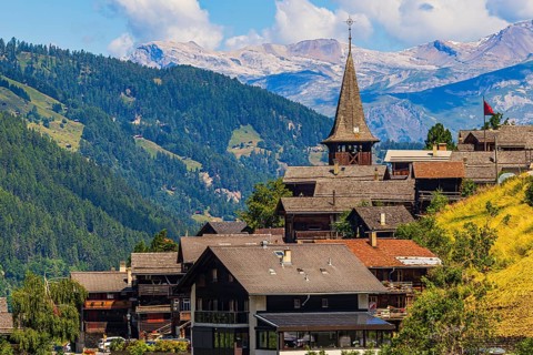 The mountain village of Ayer, Saint Anna church, Val d'Anniviers, Valais Alps, Canton Valais,