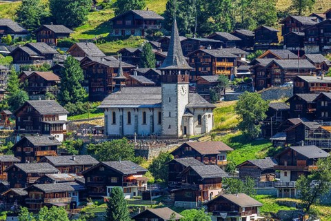 The mountain village of Ayer, Saint Anna church, Val d'Anniviers, Valais Alps, Canton Valais,