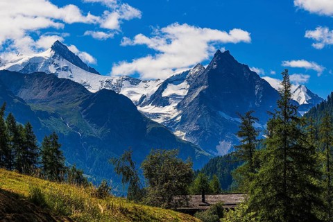 The Zinalrothorn and Besso mountains with their twin peaks, view from Ayer, Val d'Anniviers, Valais