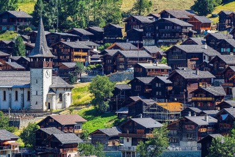 The mountain village of Ayer, Saint Anna church, Val d'Anniviers, Valais Alps, Canton Valais,