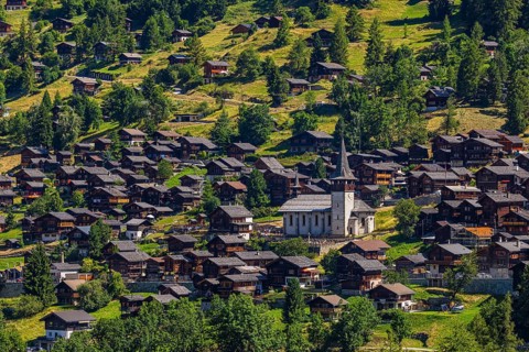 The mountain village of Ayer, Saint Anna church, Val d'Anniviers, Valais Alps, Canton Valais,