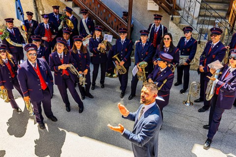 The brass band Echo des Alpes plays at the musicians' meeting in Mission, Val d'Anniviers, Valais
