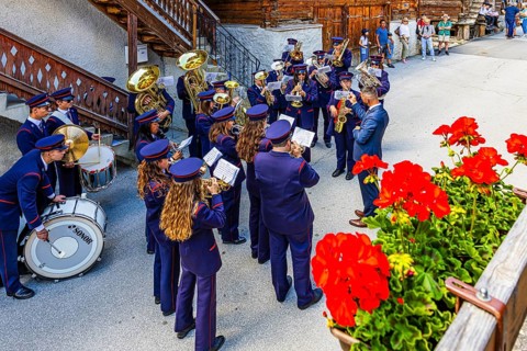 The brass band Echo des Alpes plays at the musicians' meeting in Mission, Val d'Anniviers, Valais