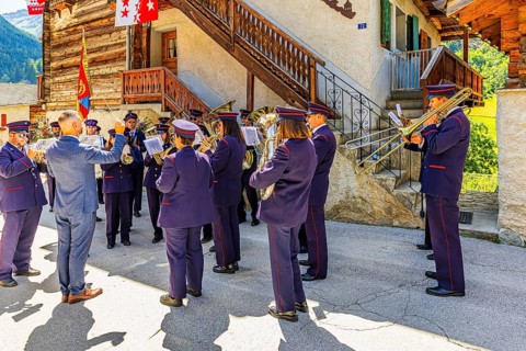 The brass band Echo des Alpes plays at the musicians' meeting in Mission, Val d'Anniviers, Valais