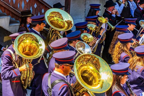 The brass band Echo des Alpes plays at the musicians' meeting in Mission, Val d'Anniviers, Valais