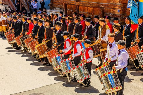 Drummers' and pipers' meeting, Mission, Val d'Anniviers, Valais Alps, Canton Valais, Switzerland