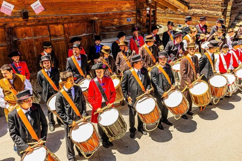 Drummers' and pipers' meeting, Mission, Val d'Anniviers, Valais Alps, Canton Valais, Switzerland
