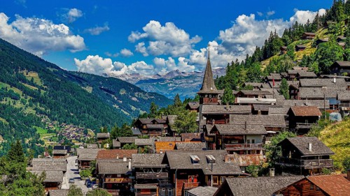 The mountain village of Ayer with the church of Saint Anna, drone image, Val d'Anniviers, Valais