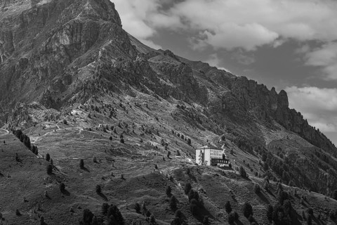The historic Hotel Weisshorn, black and white photograph, below the Weisshorn mountain, Val