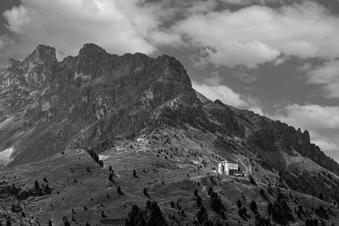 The historic Hotel Weisshorn, black and white photograph, below the Weisshorn mountain, Val