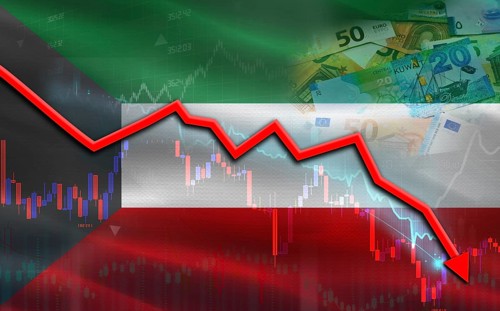 Kuwait financial fall on economy market. Kuwait financial crisis on economic graph